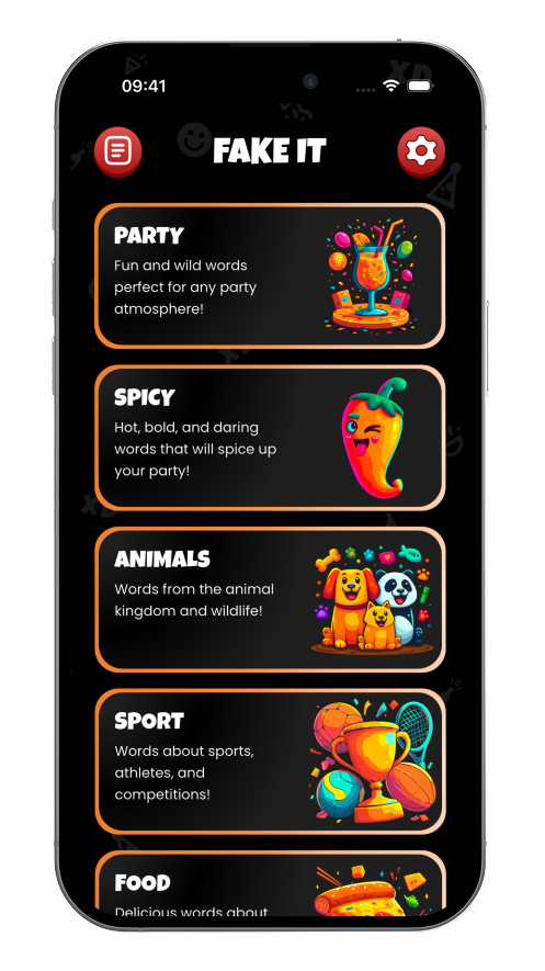 Fake It Game Categories - Party, Spicy, Animals, Sport
