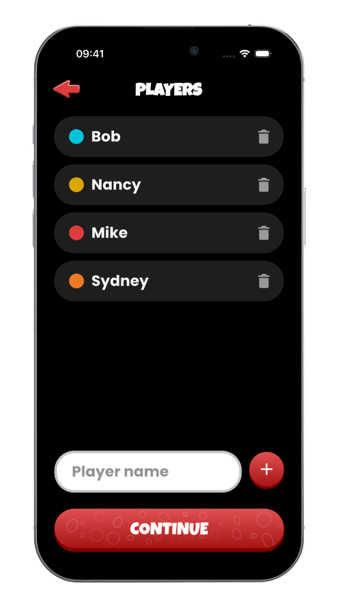 Add Players Screen - Bob, Nancy, Mike, Sydney